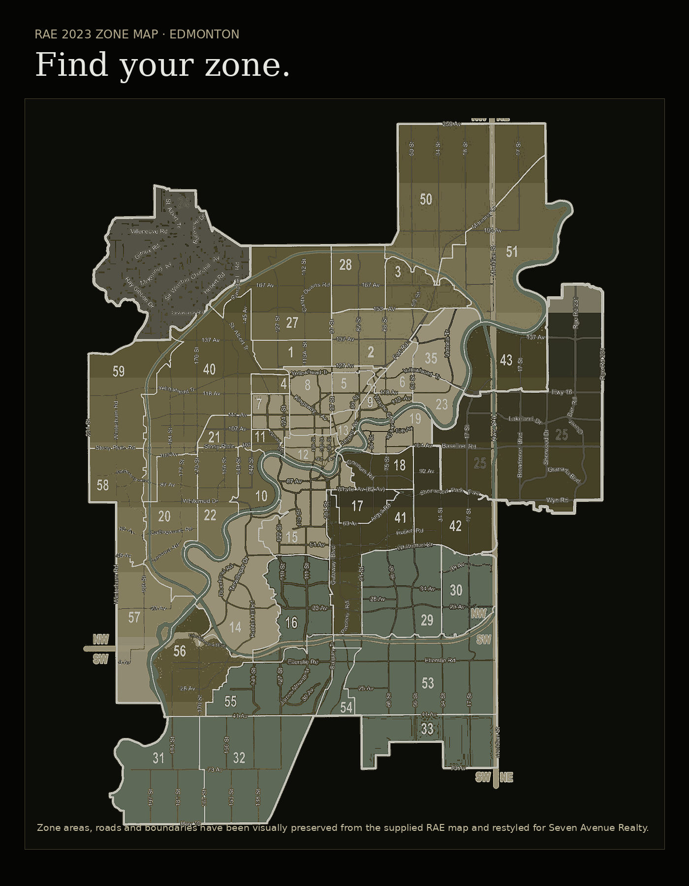 RAE 2023 Edmonton zone map, restyled for 7th Avenue Realty