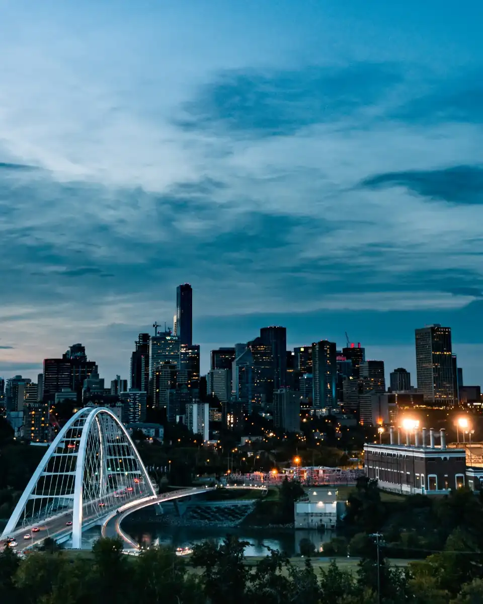 Downtown Edmonton skyline at dusk